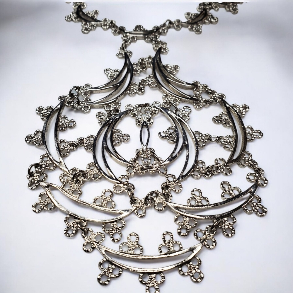 1973 MONET Silver Primavera Massive Statement Necklace Book Piece - Picture 4 of 6